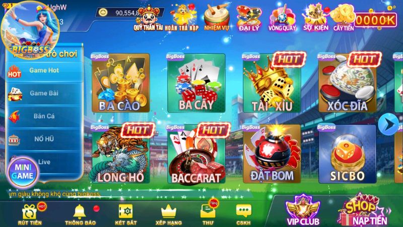 Giao diện sảnh game bài BigBoss đẹp, dễ chơi